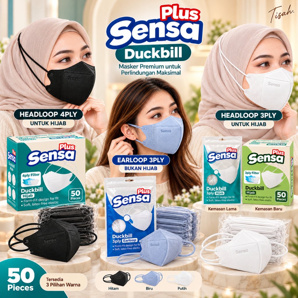 MASKER DUCKBILL 3-4PLY HIJAB SENSA PLUS 1 BOX ISI 50PCS PART 2