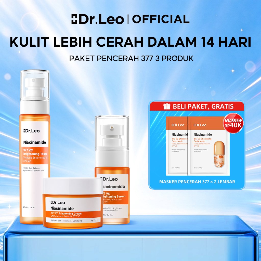 [Paket 3PCS GRATIS 2 Masker] Dr.Leo 3pcs Brightening Skincare Set | Niacinamide 377 VC Moisturizer +