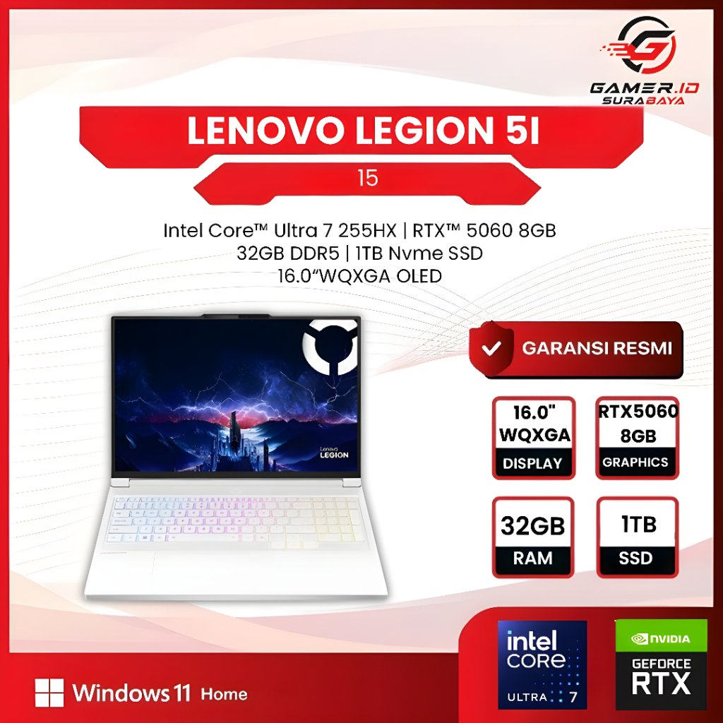 LAPTOP LENOVO LEGION 7I 16 OLED ULTRA 7 255HX RTX5060 8GB/ 32GB 1TB 16.0WQXGA
