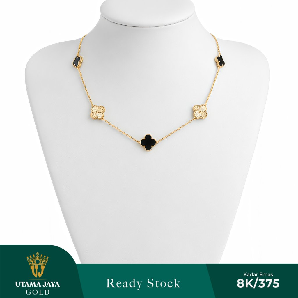 Kalung Emas Rantai Liontin Bunga Variaasi Hitam dan Putih 375/8k - Cincin Emas Wania