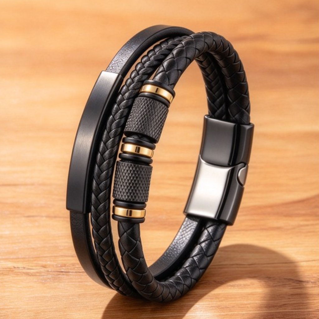 Gelang Pria Kulit Asli Titanium Steel Mewah Warna Hitam Emas Perak, Aksesoris Keren Hadiah