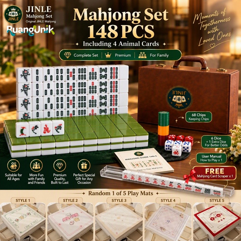 [Free Tikar+Penggaris]JINLE 148pcs 30mm Set Mahjong Full Aksesoris, Koper Kulit Berkualitas+68 Chip+