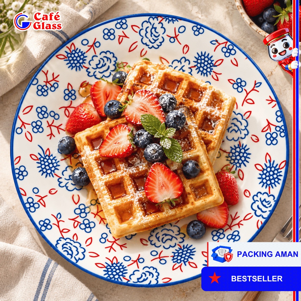 Piring Makan Keramik Nara Plago - Set Piring Mangkok Motif Bunga Biru Merah - Piring Ceper Cekung Po