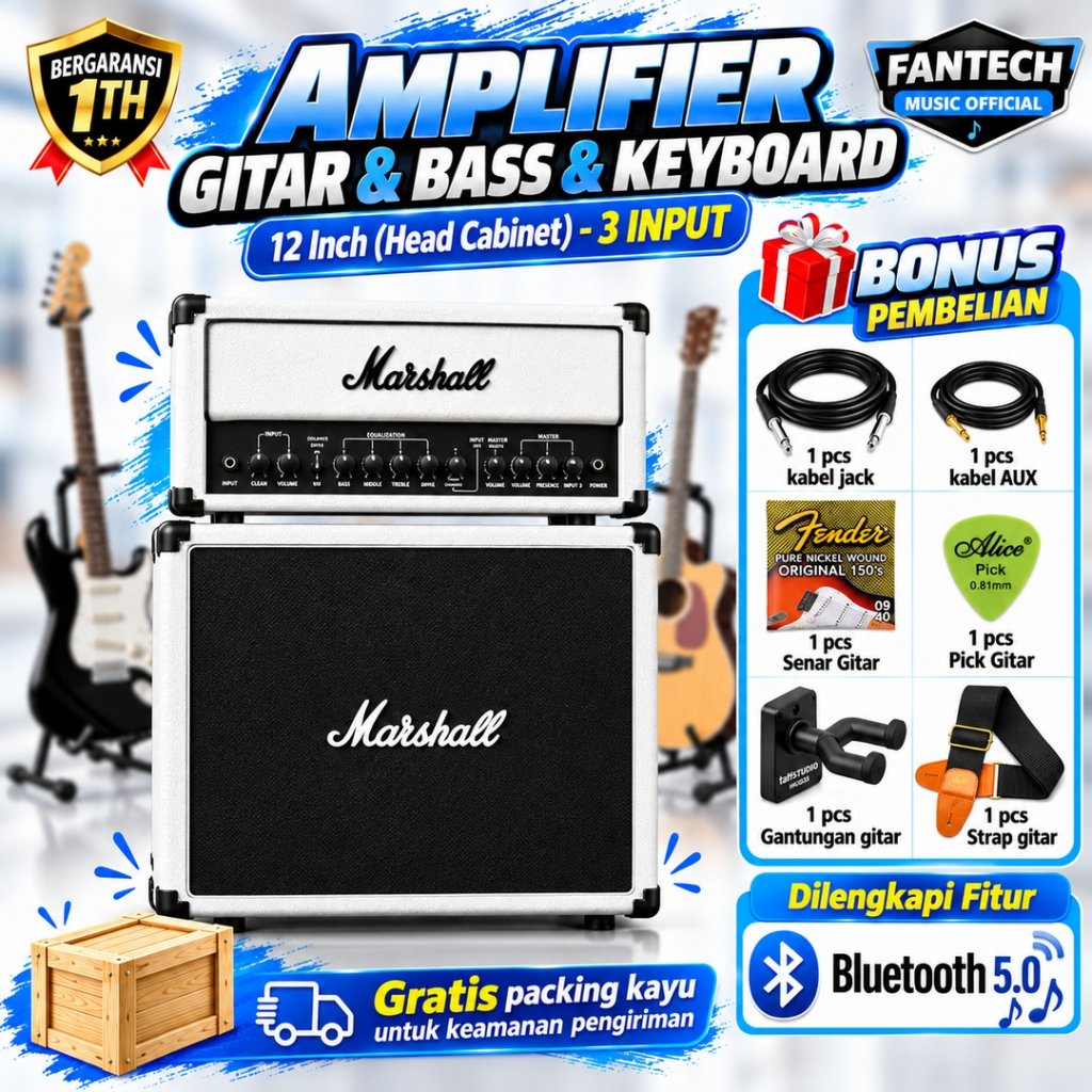 Ampli Gitar & Bass 12 Inch ada bluetooth Head Cabinet bisa untuk karaoke Marshall 3 Input Free Kabel