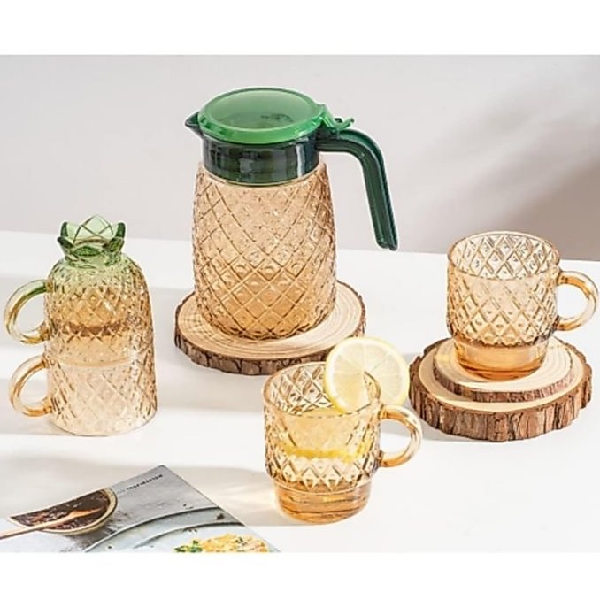 Souvenir Set Teko dan Gelas Kaca Motif Nanas Aesthetic MR DIY 5in1 1100ml Teko + Gelas 200ml 270ml L
