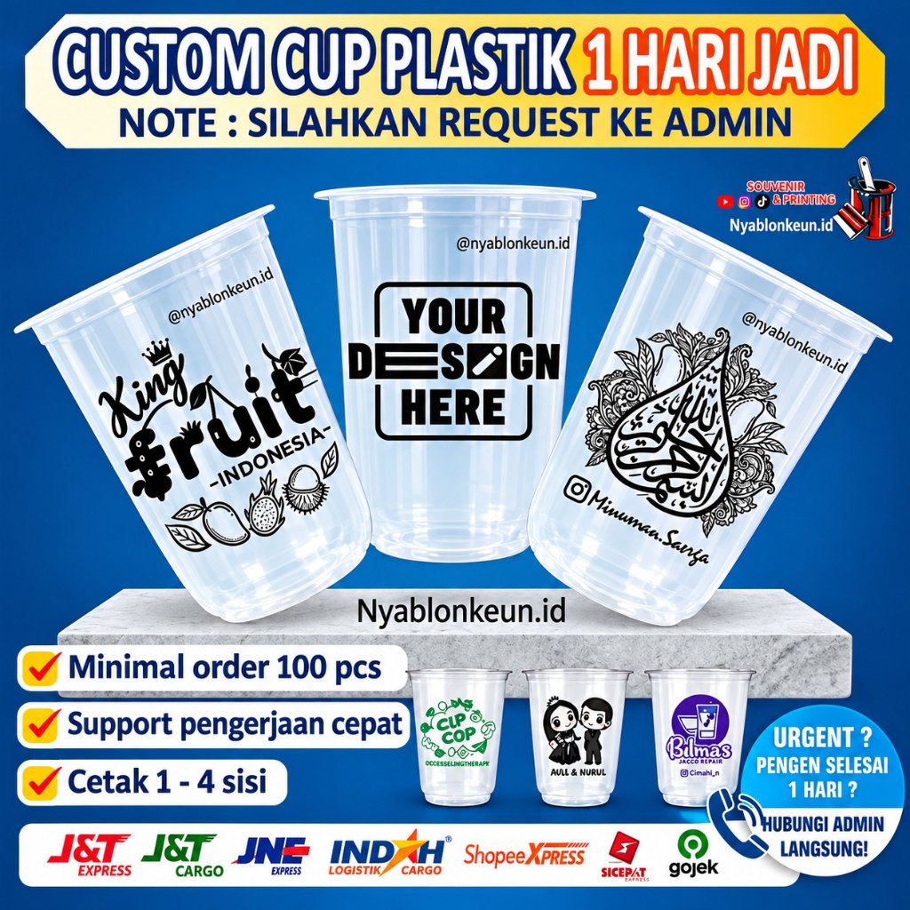 Sablon Cup Oval Plastik Printing Custom Gelas Min Order 100 Pcs Free Desain 12 - 22oz