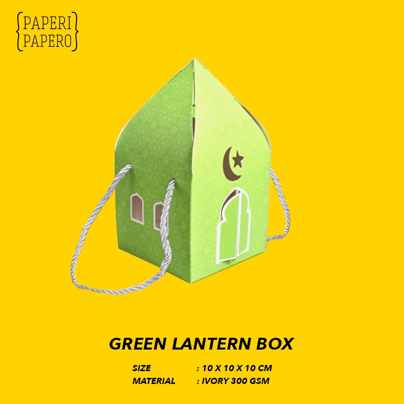 

Green Lantern Box (10x10x10 cm) - (1 Pcs) Kotak Packaging Lentera Hijau Lebaran Ramadhan Idul Fitri dengan Tali Emas untuk Toples 500 Gram