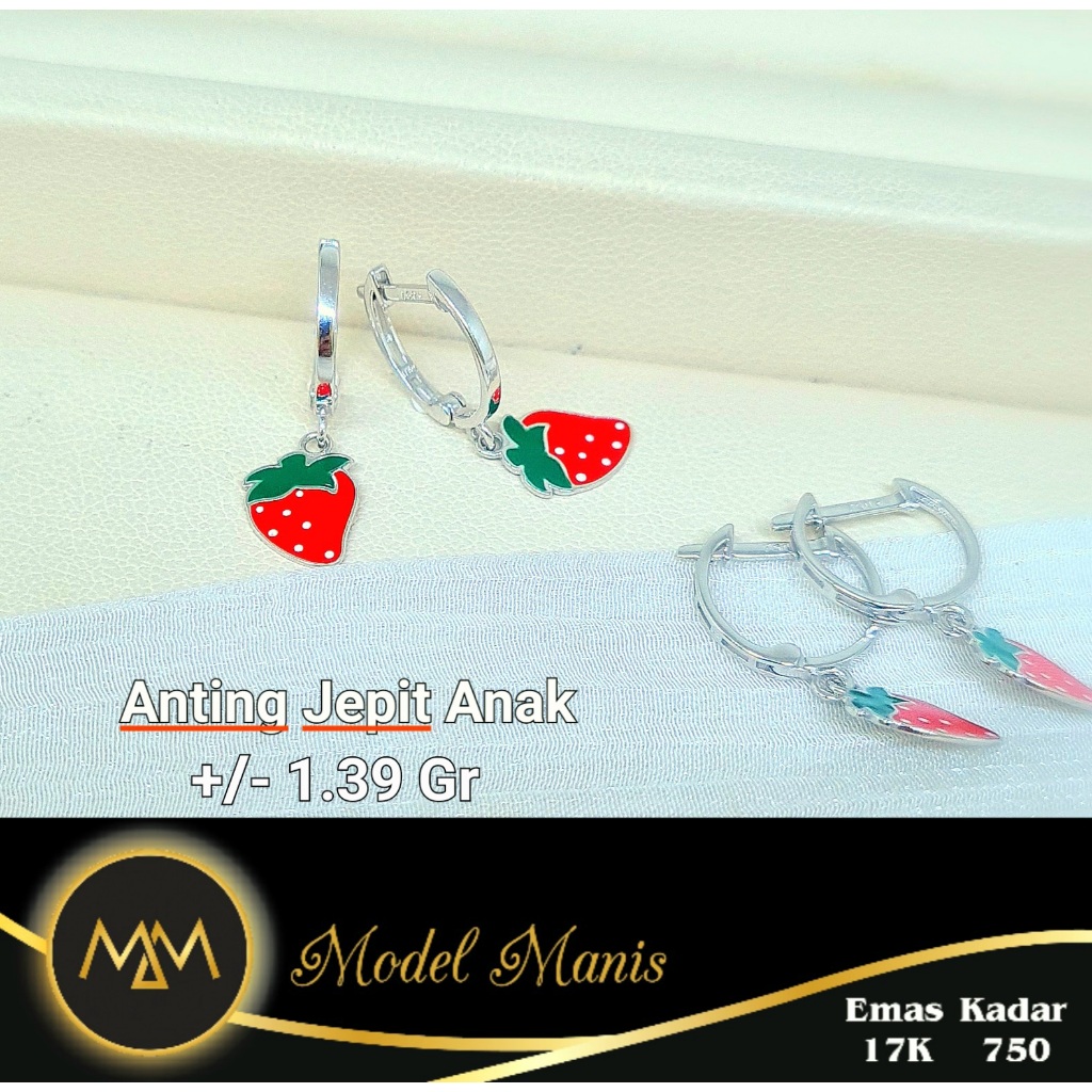 Model Manis Gold - Anting Jepit Anak Strawberry Putih - Emas 17k  750