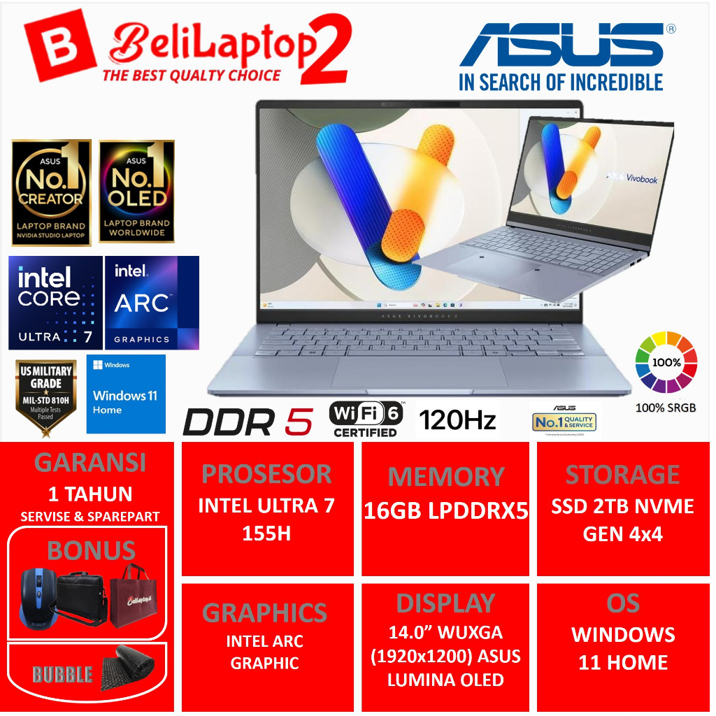 Laptop ASUS Vivobook S15 OLED S5506MA Intel Ultra 7 155H 16GBDDR5 1TB 15"Inch 2.8K 120HZ RGB BackLit