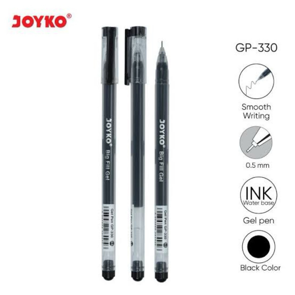 Pulpen Gel Hitam Joyko 1 Pack GP-330 Big Fill Gel 0.5mm Isi 12 Pcs
