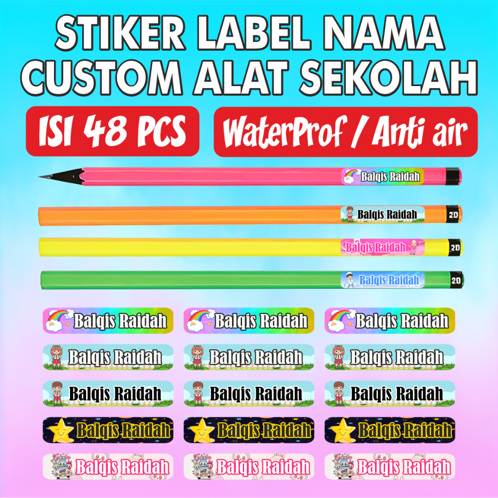 

ISI 48 pcs Stiker Label Nama Custom Alat'' Sekolah Bebas Reques Nama Stiker Anti Air
