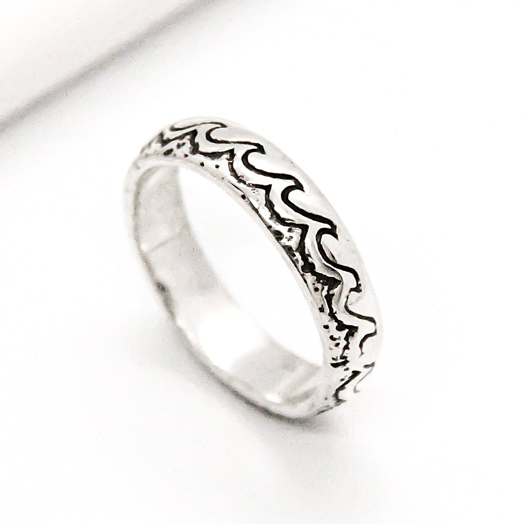 Cincin Perak Asli Pria-Wanita Motif Ukiran Ombak Silver 925