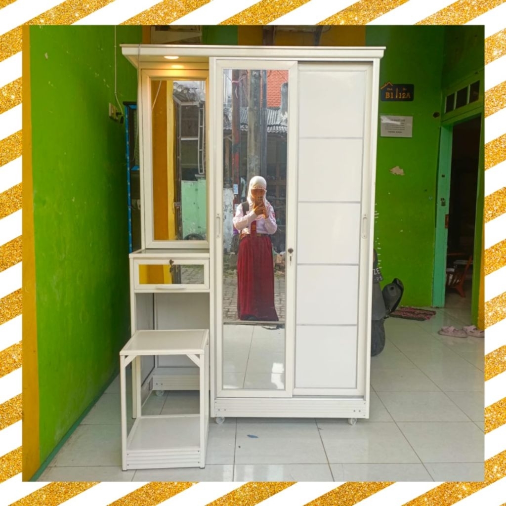 Lemari Baju Sliding Meja Rias+Led+Laci+Kursi (Kode L.nas)
