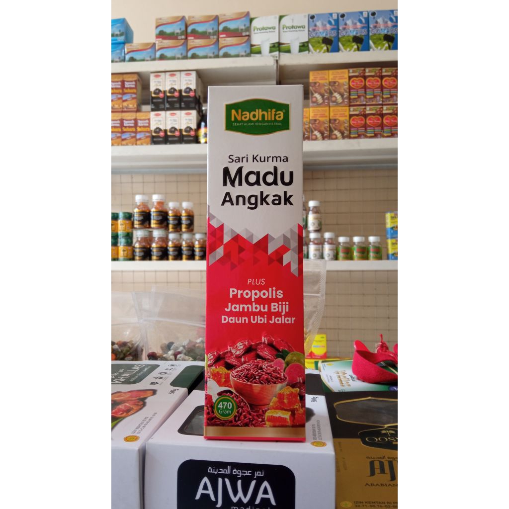 

Sari Kurma Madu Angkak Plus Propolis Jambu Biji dan Daun Ubi ungu Nadhifa