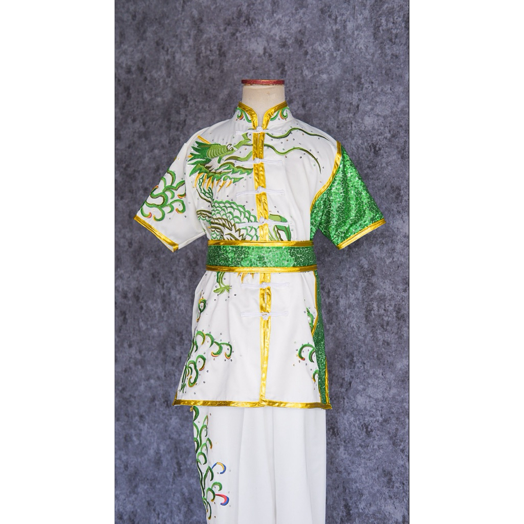 PO Baju Wushu Bordir Baju Wushu Tanding Premium Seragam Baju Wushu Putih Hijau Gold Bordir Naga Besa