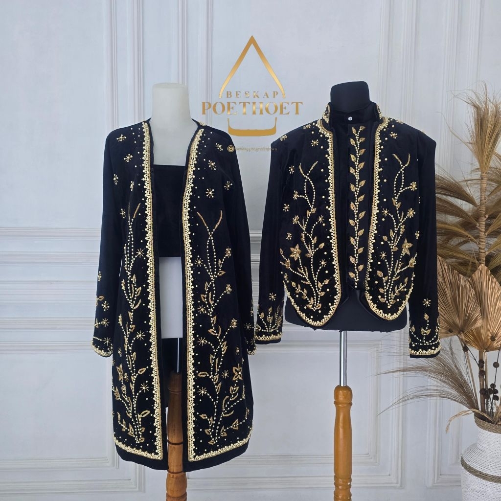 sepasang beskap dan kebaya pengantin adat jawa bludru hitam payet gold solo putri