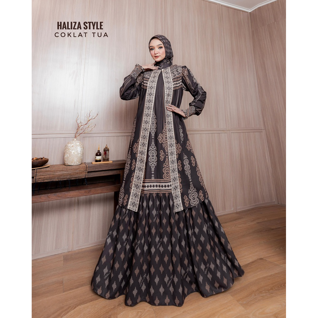 Haliza/ Haliza syari/ Zhifata/Coklat tua/Gamis terbaru/abaya terbaru/set syari