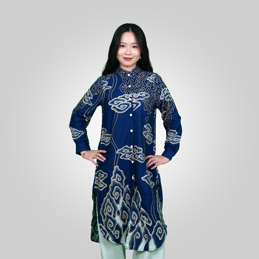 BATIK TRUSMI Atasan Wanita Tunik Batik Panjang Marry Warna Biru BS