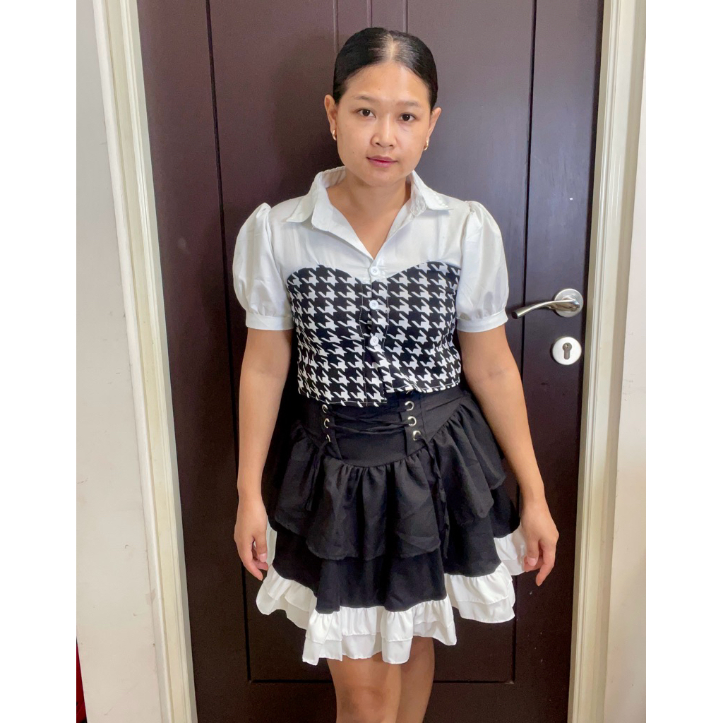 one set blouse lengan balon pendek