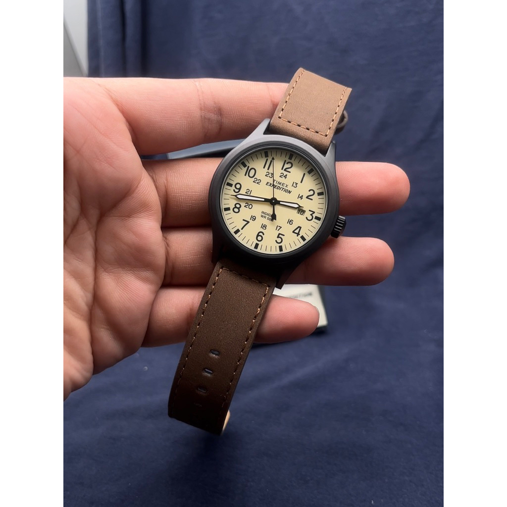 Timex Expedition Scout T49963 Indiglo Biege Dial Brown Leather Strap