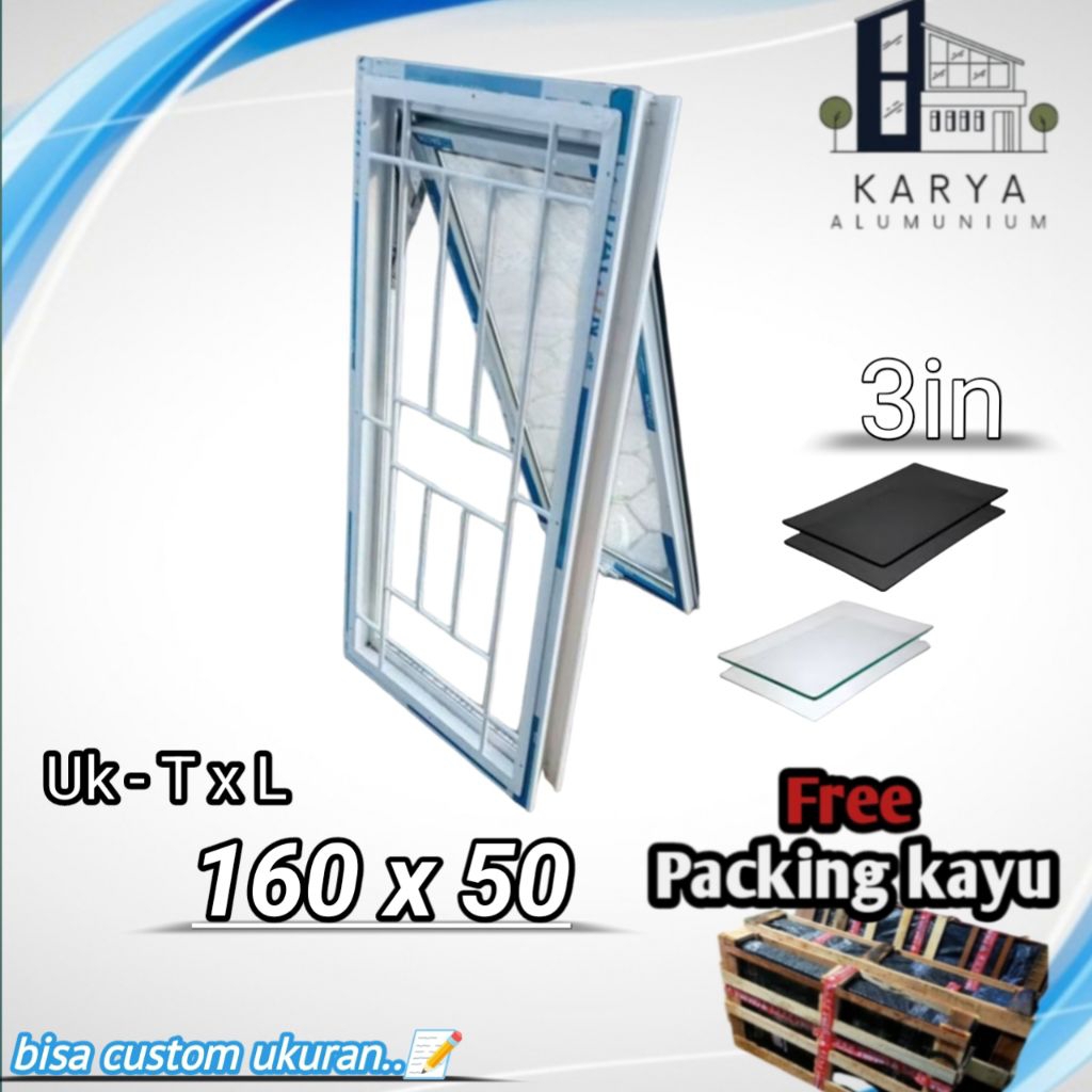 jendela aluminium berikut teralis uk-160x50 komplit free paking kayu