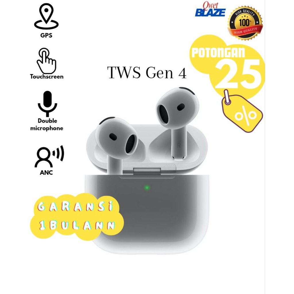Earbuds Wireless TWS Generasi 4 | Headset Bluetooth| Earphone TWS Full Bass | Type-C | Android & IOS