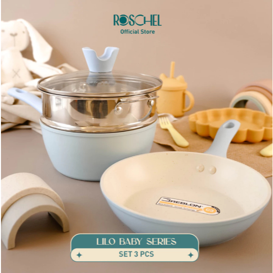 Roschel 3 Pcs Lilo Set + Steamer Stainless 304 Food Grade Panci MPASI Baby Non-Stick