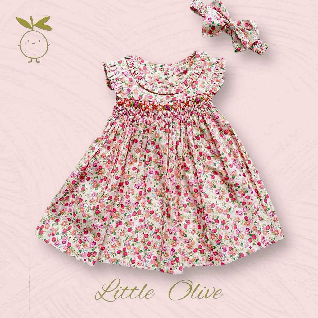 Little Olive- Raline Dress | 0-3 Tahun | Dress Anak Newborn | Baju Bayi | Motif Bunga Smocked Dress