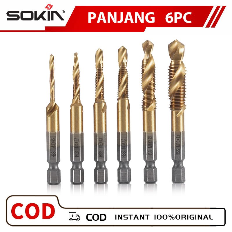 SOKIN Set Bor dan Tap, Set 6 Bagian Tap Hex Spiral dan Mata Bor Baut