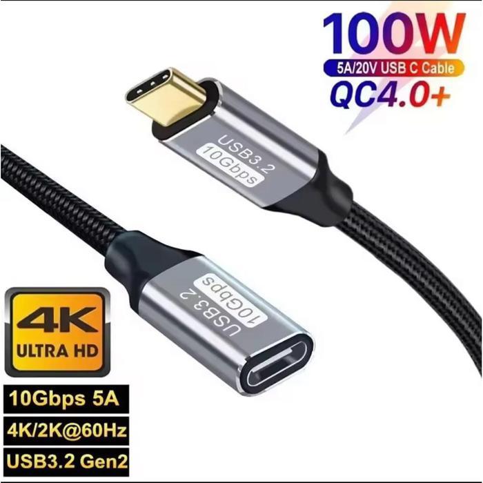 USB type C 3.2 gen2 extension 100w 5A 20V 10Gbps male female cowo cewe thunderbolt 3 sambungan Type-