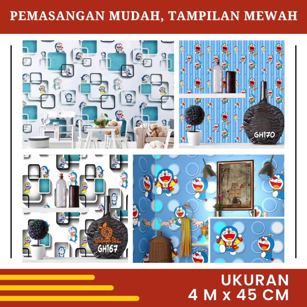 Wallpaper Sticker Dinding Dekorasi Kamar Tidur Anak Laki Laki Motif Karakter Doraemon Biru Polka