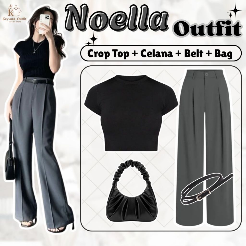 One Set 4in1 Wanita (Crop Top Rayon, Celana Jennie Knit, Belt, Shoulder Bag) Outfit Kekinian KY5N