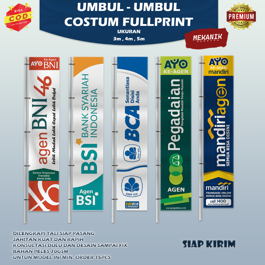 umbul umbul costum fullprint BCA/BSI/BNI/PEGADAIAN/MANDIRI/DLL MURAH BERKUALITAS