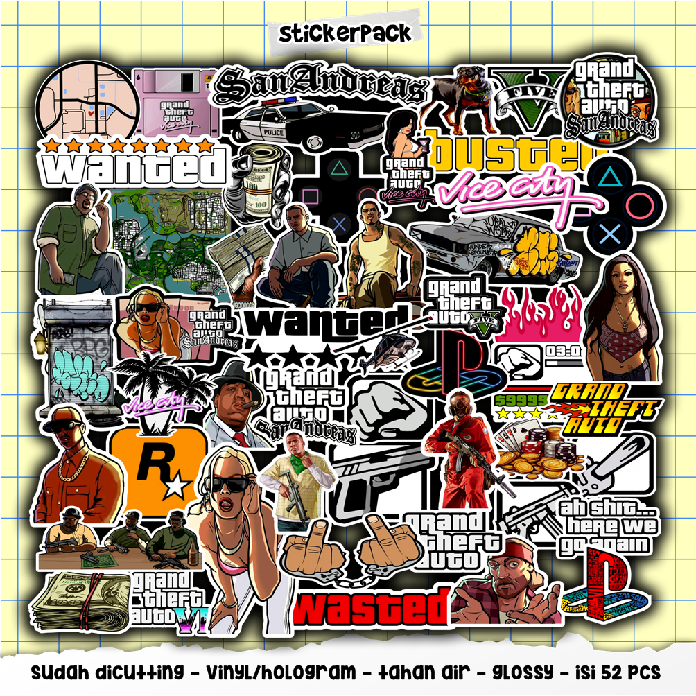 

52pcs stickerpack GTA, stiker game series vinyl & hologram tahan air