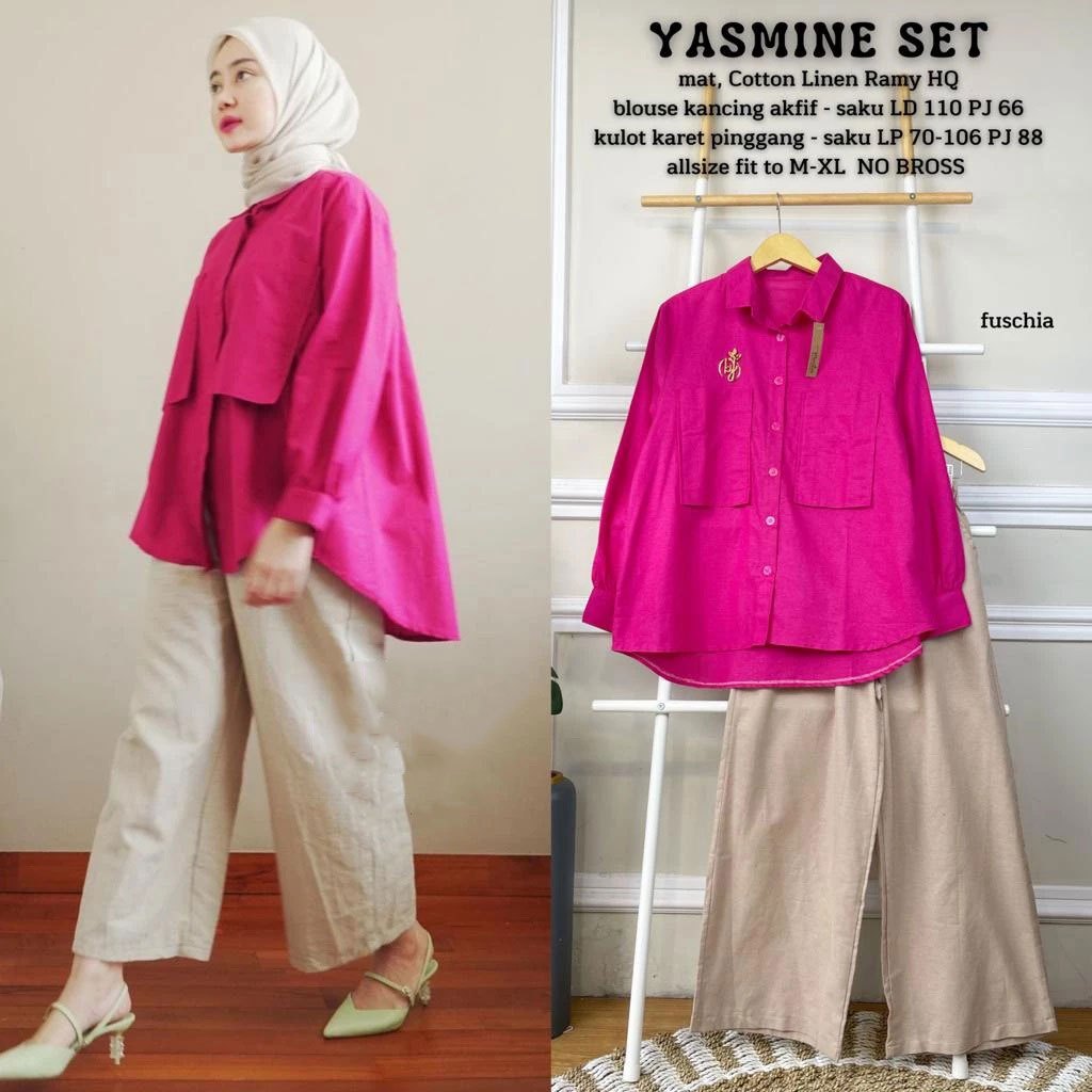 YASMIN SET SETELAN WANITA KEKINIAN KOREA ONE SET KATUN LINEN RAMI PREMIUM TERBARU DM