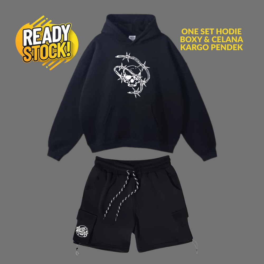 Setelan Oneset Hoodie Boxy Sweater Celana Pendek Pria Wanita Distro Stelan Sweater Celana Cargo Polo