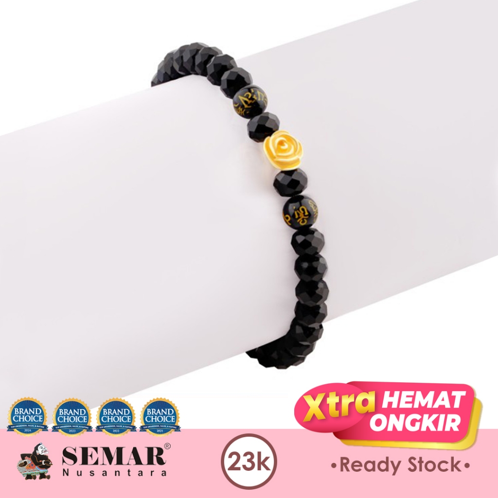 Gelang Emas Tali Kristal Hitam Rusela Flower Gold 23K Semar Nusantara