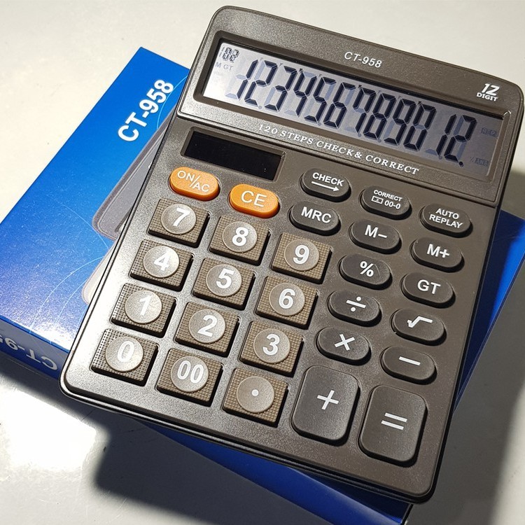 

KALKULATOR CT 958 KANTOR DAGANG TOKO PASAR CEK CORRECT 12 DIGIT REAL SOLAR POWERED AA