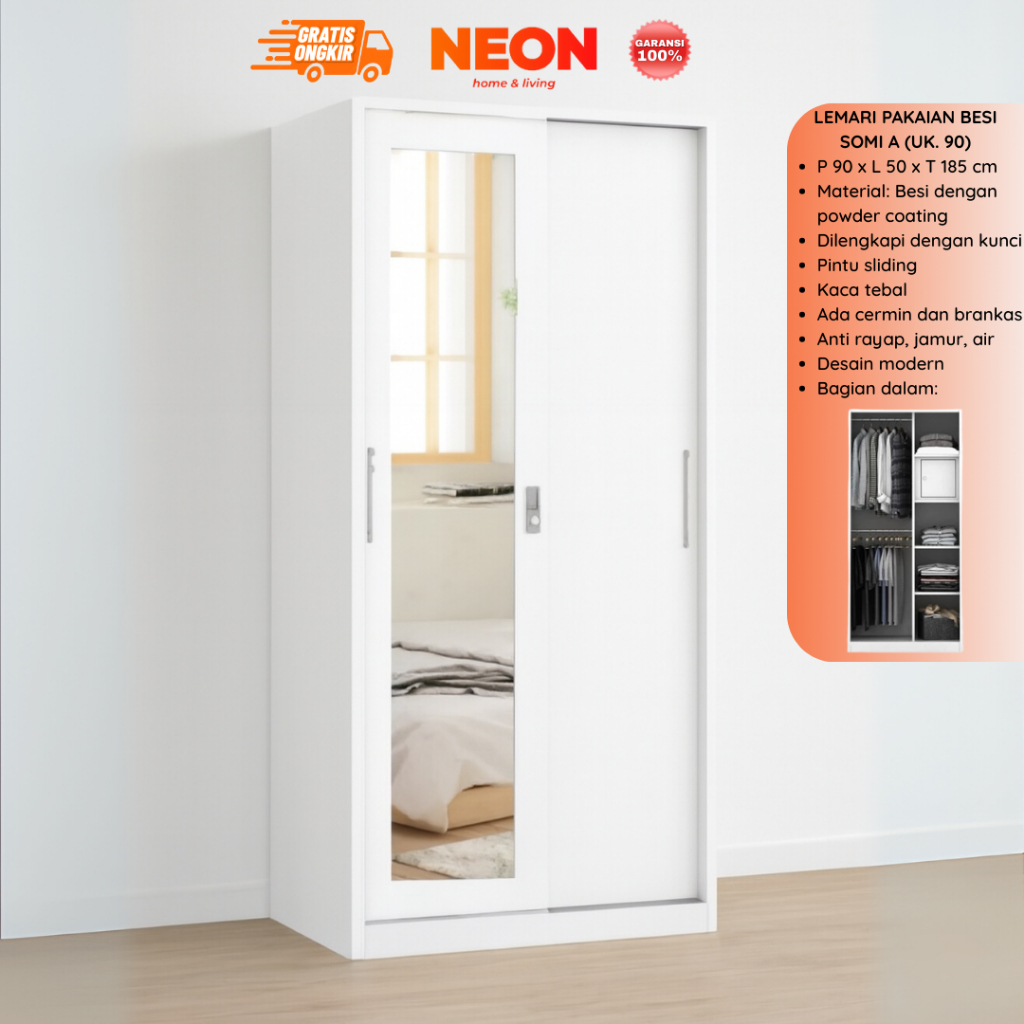 NEON Lemari Pakaian Besi Somi Sliding Minimalis Rak Gantung 2 Susun Anti Rayap | Lemari Baju Sleding