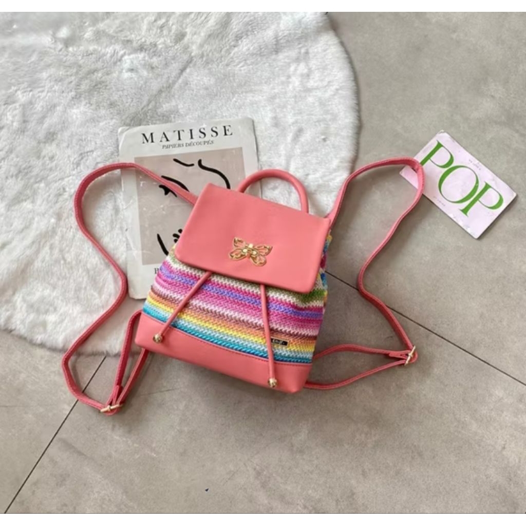 En-Ji Mini Pink Crochet Neina Backpack - Adjustable & Removable Straps Tas Wanita Kecil