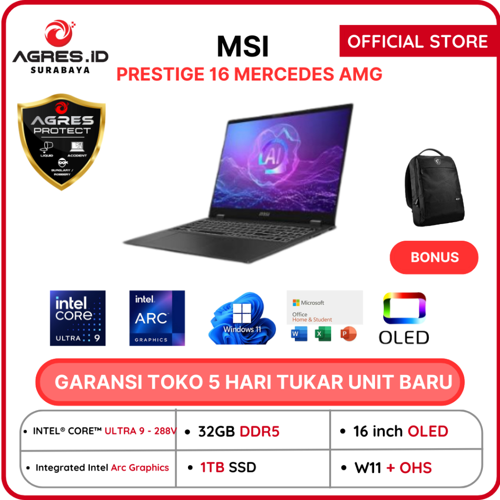 MSI PRESTIGE 16 MERCEDES AMG AI+ ULTRA 9 288V 32GB 1TB Windows11+OHS 16.0UHD+ OLED BLIT 2Y