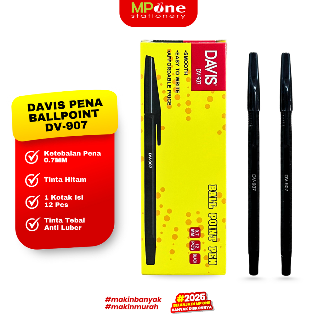 

(1 KOTAK) Davis Pena Ballpoint 0,7MM Tinta Hitam DV-907 / Pulpen Isi 12Pcs DAVIS