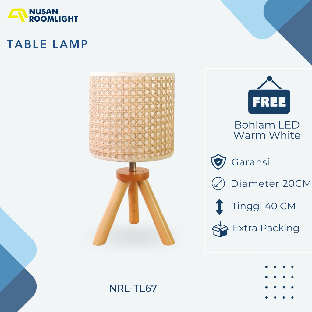Lampu Meja Table Lamp Tripod Kayu Rotan Estetik Minimalis NRL-TL67 | Lampu Tidur Hias Ruang Tamu