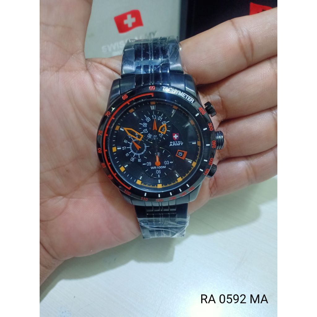 JAM TANGAN ROYAL ARMY RA 0592 MA ORIGINAL CRONO TGL AKTIF RANTAI HITAM ALL STAINLESS STEEL WATER RES