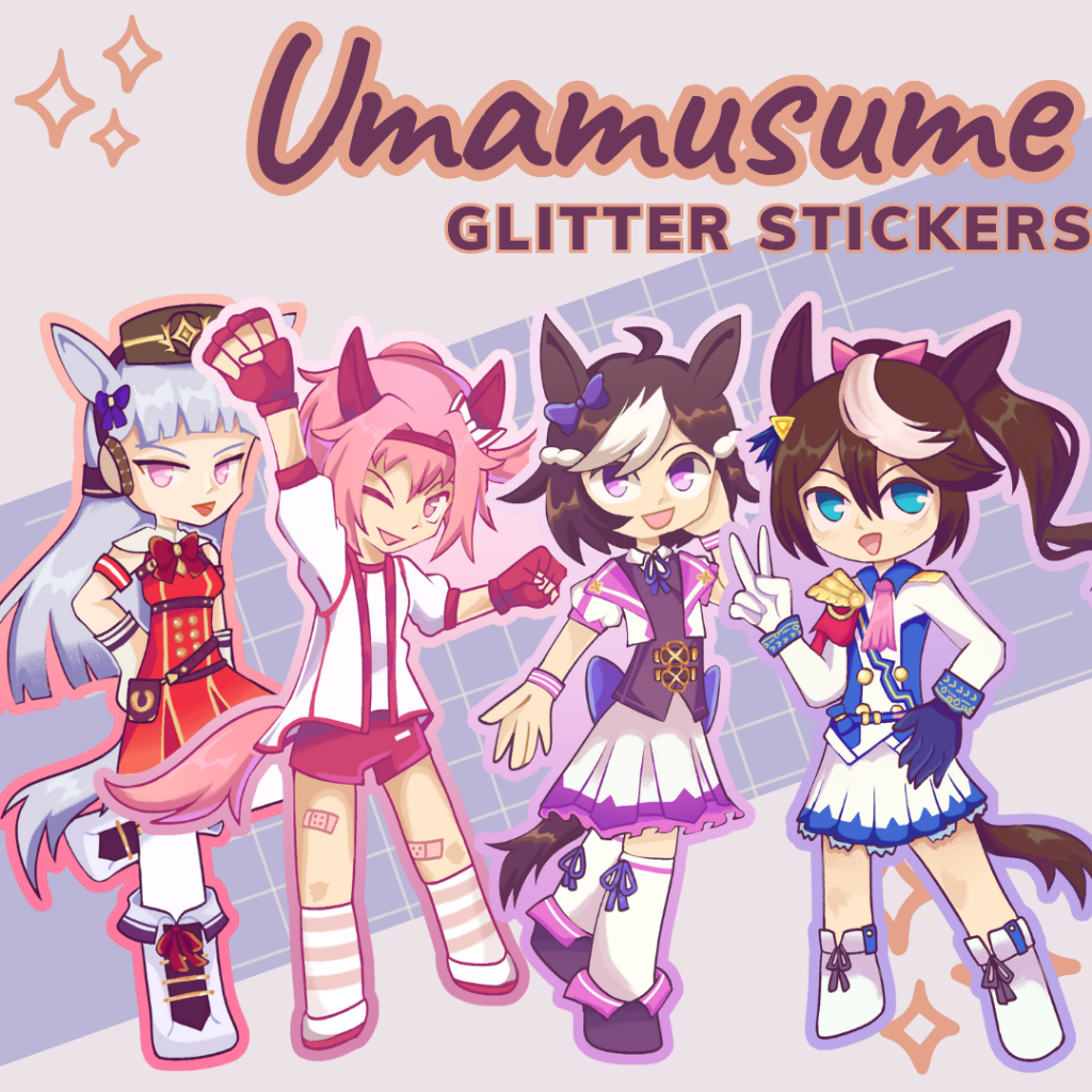 

Fanmerch vinyl sticker glitter umamusume pretty derby (goldship, haruurara, specialweek, tokaiteio)
