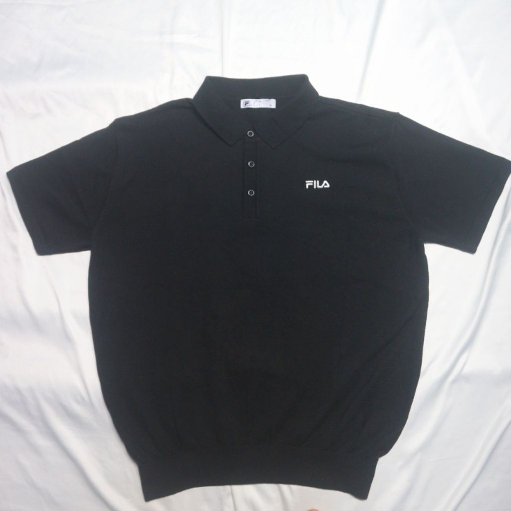 FILA Polo Shirt Short Black Hitam Kerah Lengan Pendek Knitwear Sweater Sweatshirt Crewneck Rajut Woo