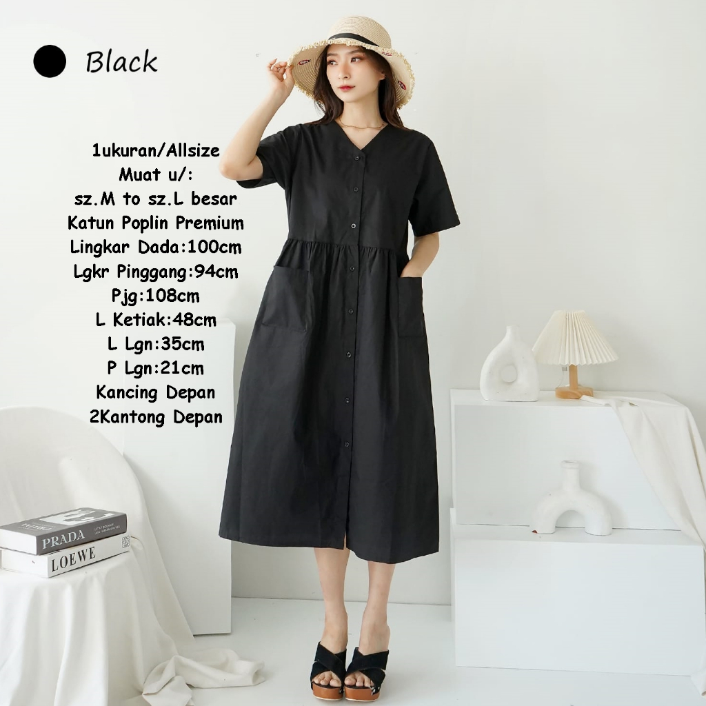 Midi Dress Wanita Polos Lengan Pendek Katun Baju Terusan Hitam Full Kancing Busui Lehe V Neck