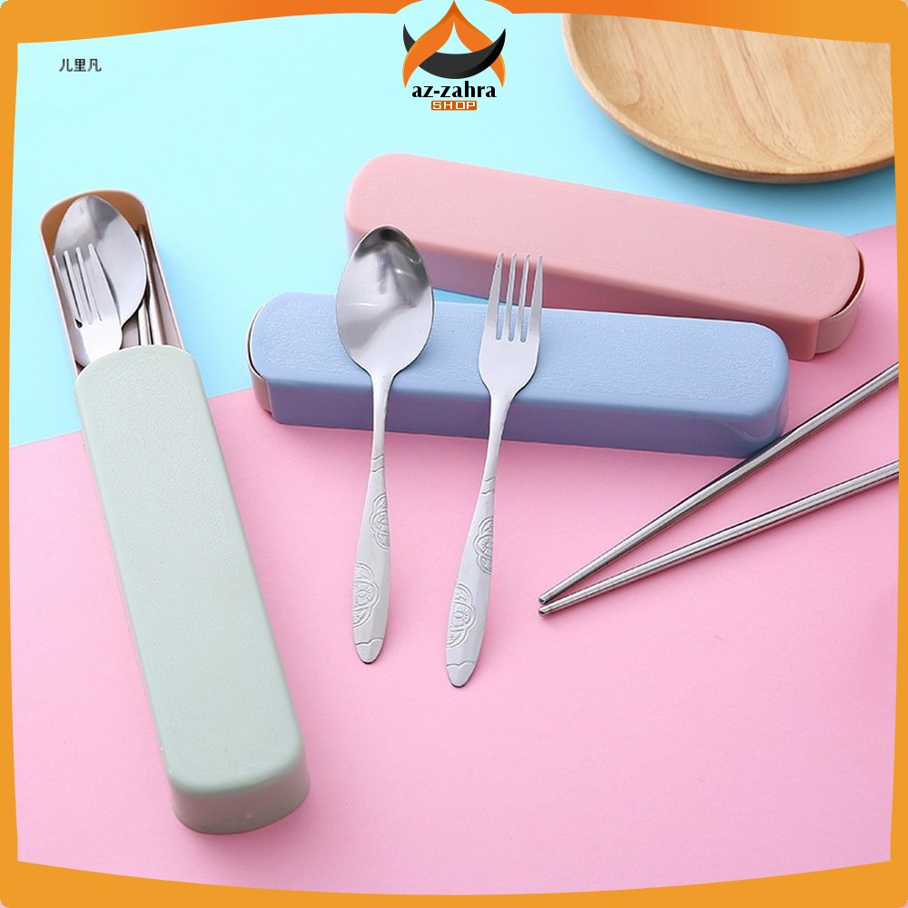 Alat Makan Sendok Set 3IN1 Bahan Stainless Steel dengan Kotak Praktis / Sendok Garpu Sumpit Set Port