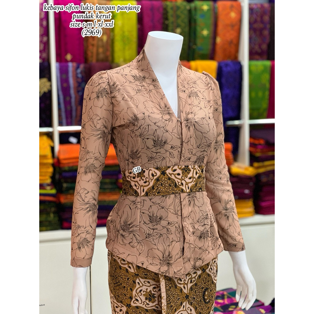 Kebaya Sifon Lukis motif bunga cantik tangan panjang pundak kerut