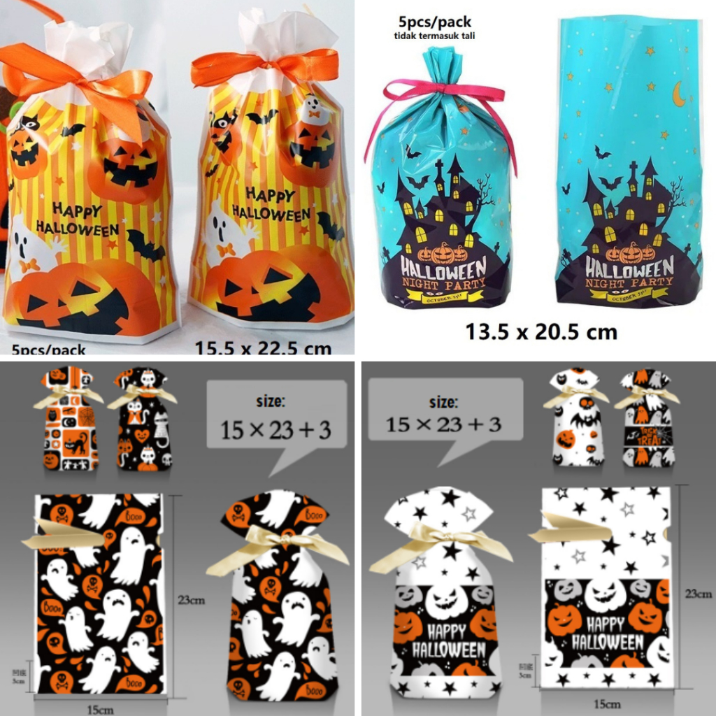 Plastic Bag Serut Goodie Bag Halloween Kantong Plastik Serut Trick or Treats 5pcs